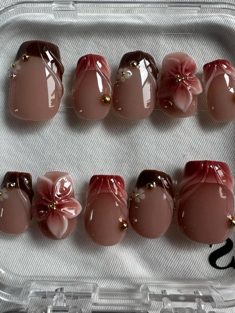 Blush Pink Ombre Press-On Nail Set with 3D Floral Accents